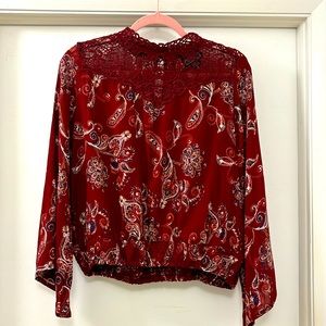ANGIE Red Paisley High Lace Necked & Long Sleeved Boho Blouse